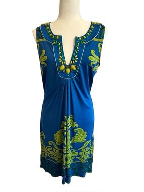 Hale Bob Silk Jeweled Dress Medium Blue Green Sleeveless Tunic Shift Boho Chic